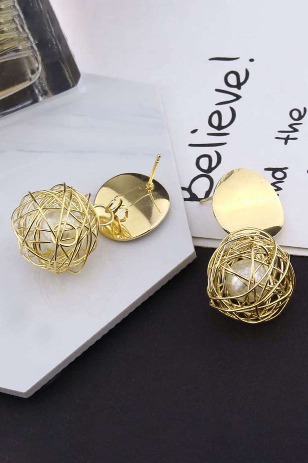 Metal Pearl Geometric Round Stud Earrings