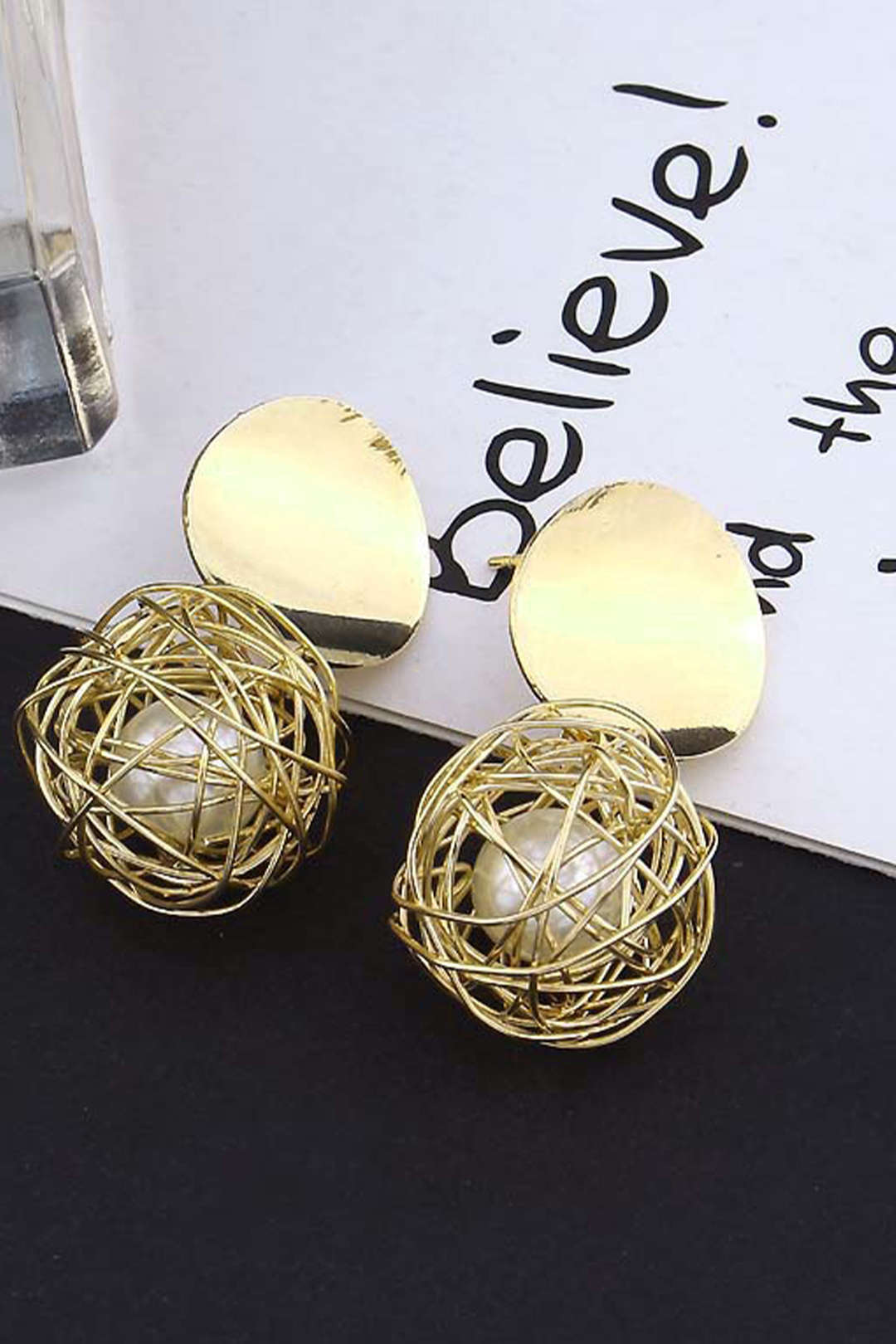 Metal Pearl Geometric Round Stud Earrings