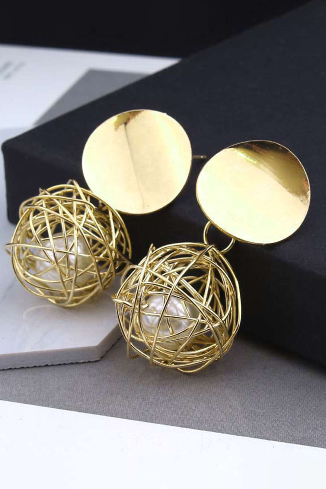 Metal Pearl Geometric Round Stud Earrings